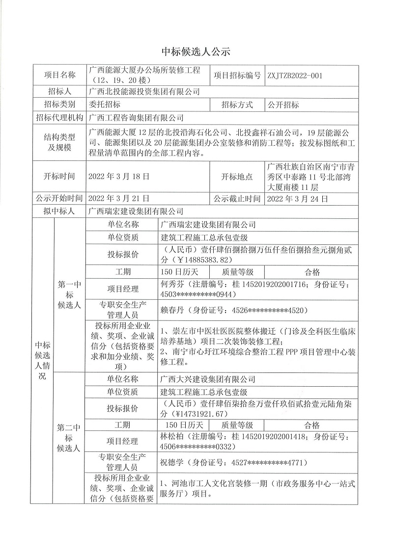 廣西能源大廈辦公場所裝修工程（12、19、20樓）施工招標中標候選人公示